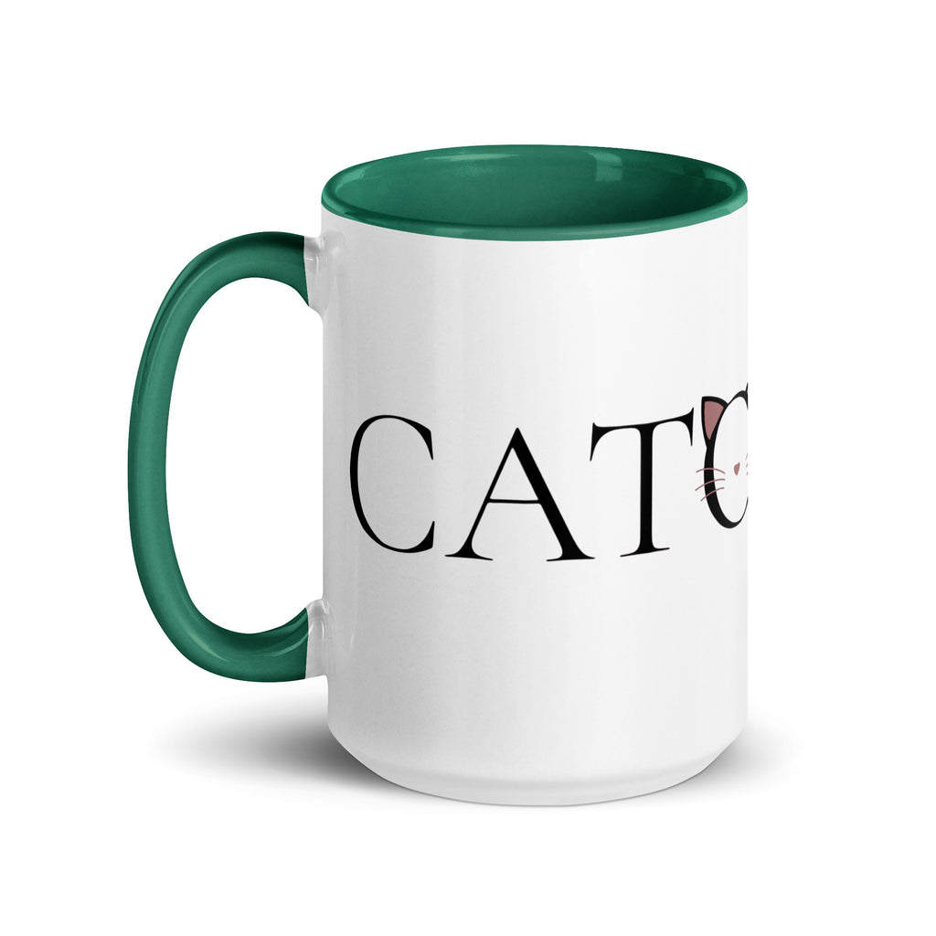 Side view of Catology mug with green handle on white background