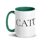 Side view of Catology mug with green handle on white background