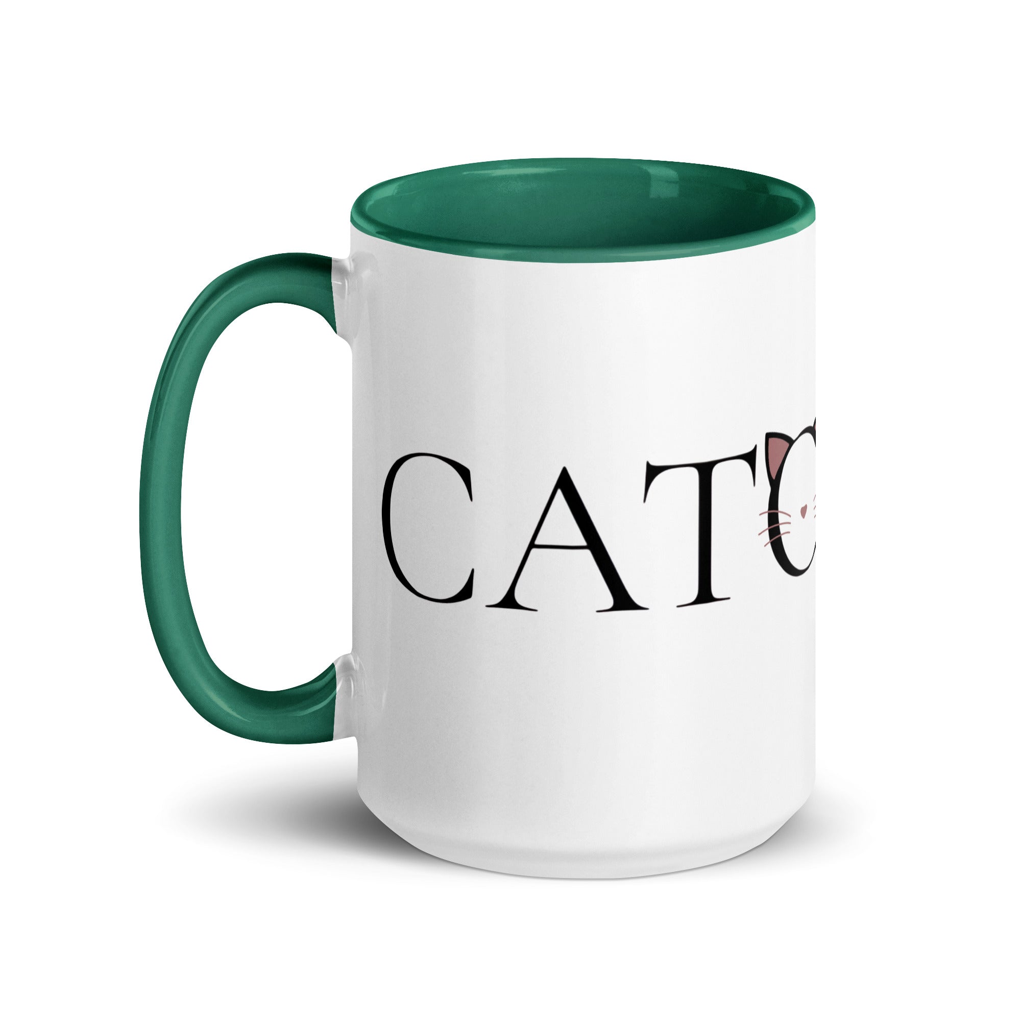 Side view of Catology mug with green handle on white background