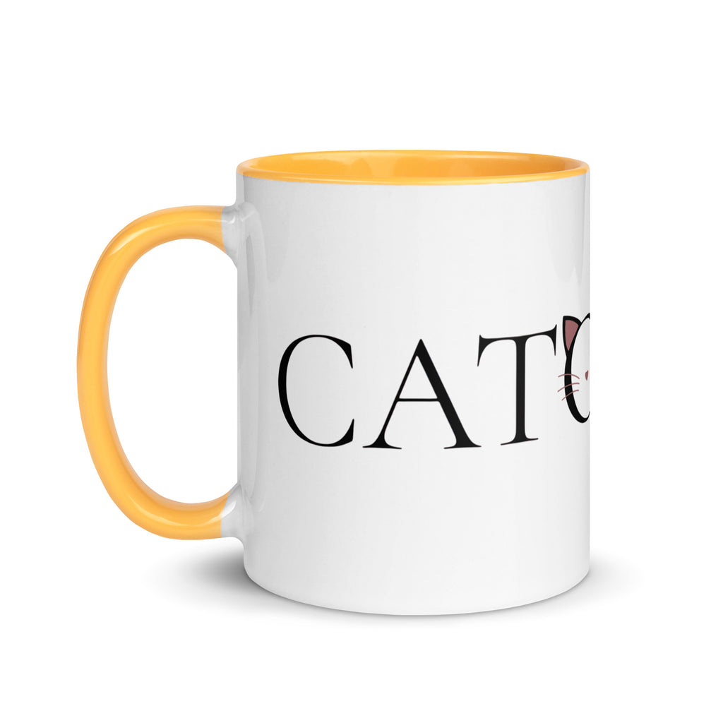 Side view of Catology mug with yellow handle on white background