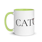 Side view of Catology mug with yellow green handle on white background