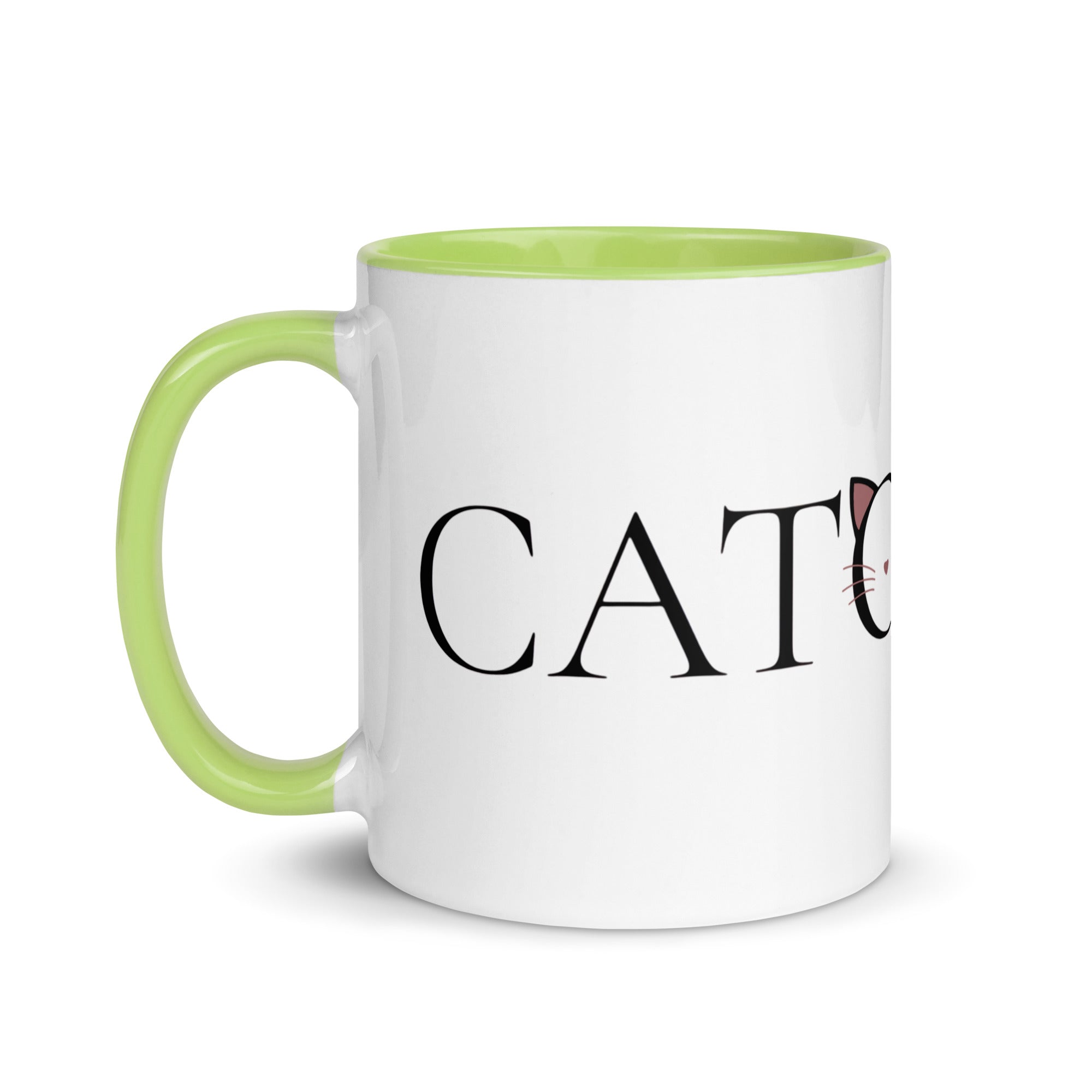 Side view of Catology mug with yellow green handle on white background