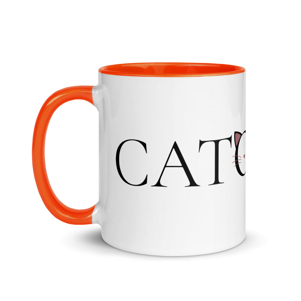 Side view of Catology mug with orange handle on white background