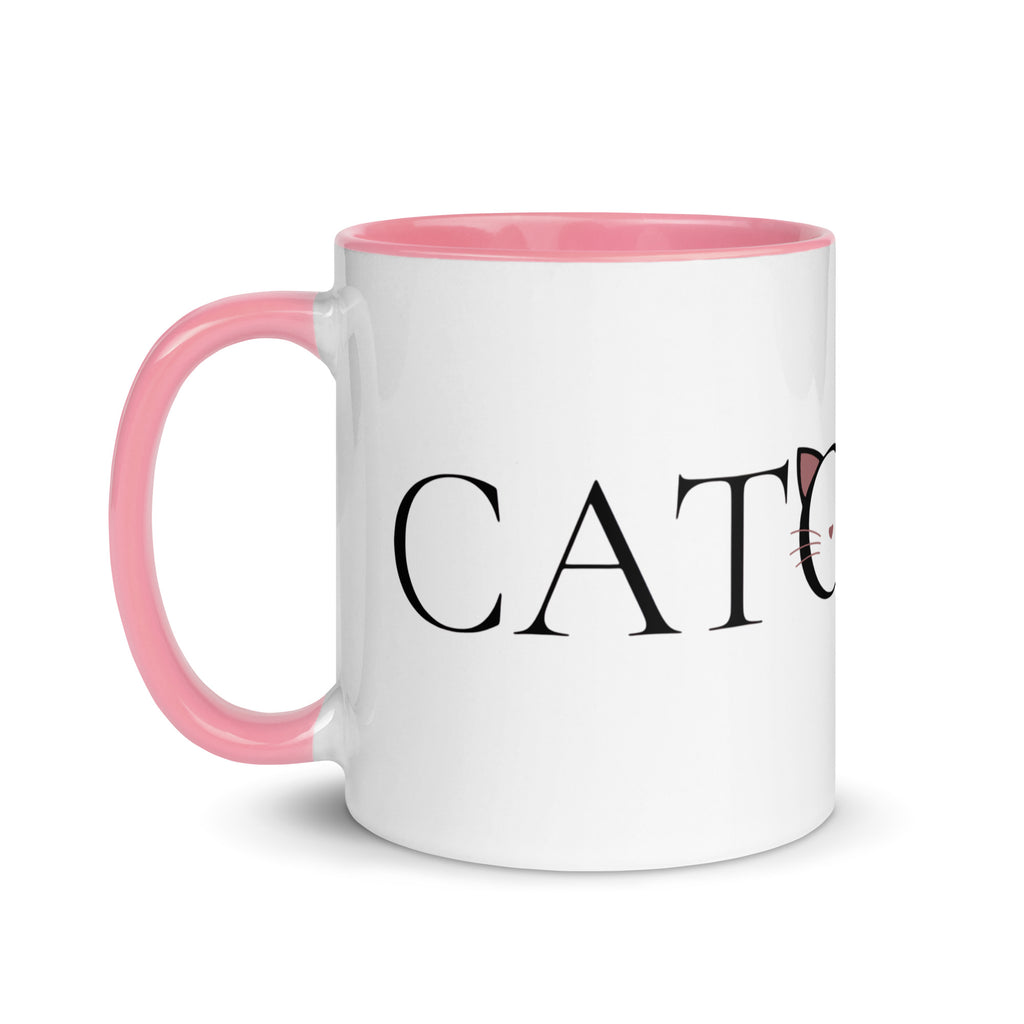 Side view of Catology mug with pink handle on white background