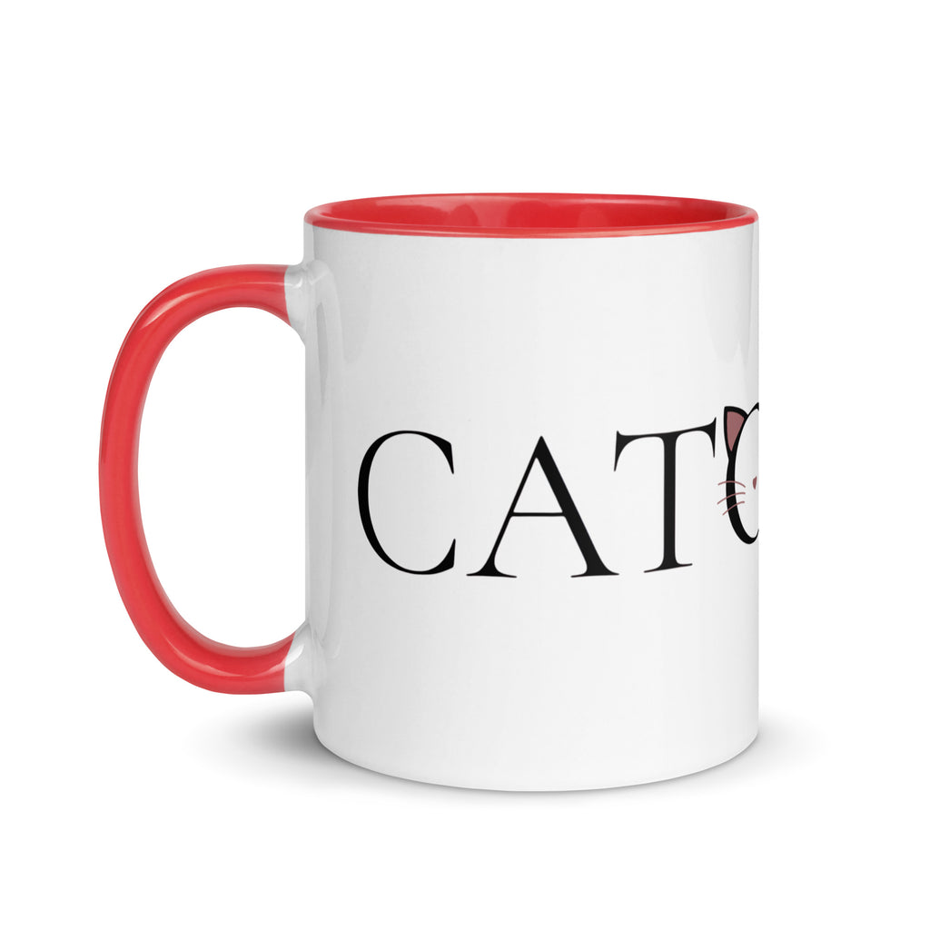 Side view of Catology mug with red handle on white background