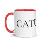 Side view of Catology mug with red handle on white background