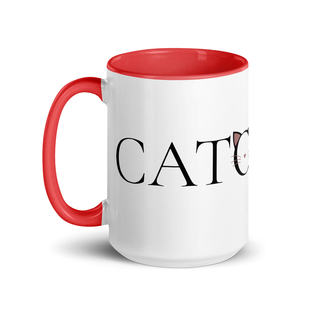 Side view of Catology mug with red handle on white background