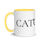 Side view of Catology mug with yellow handle on white background