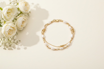 Gold Plated White Shell Double-Layer Bracelet with Lobster Clasp