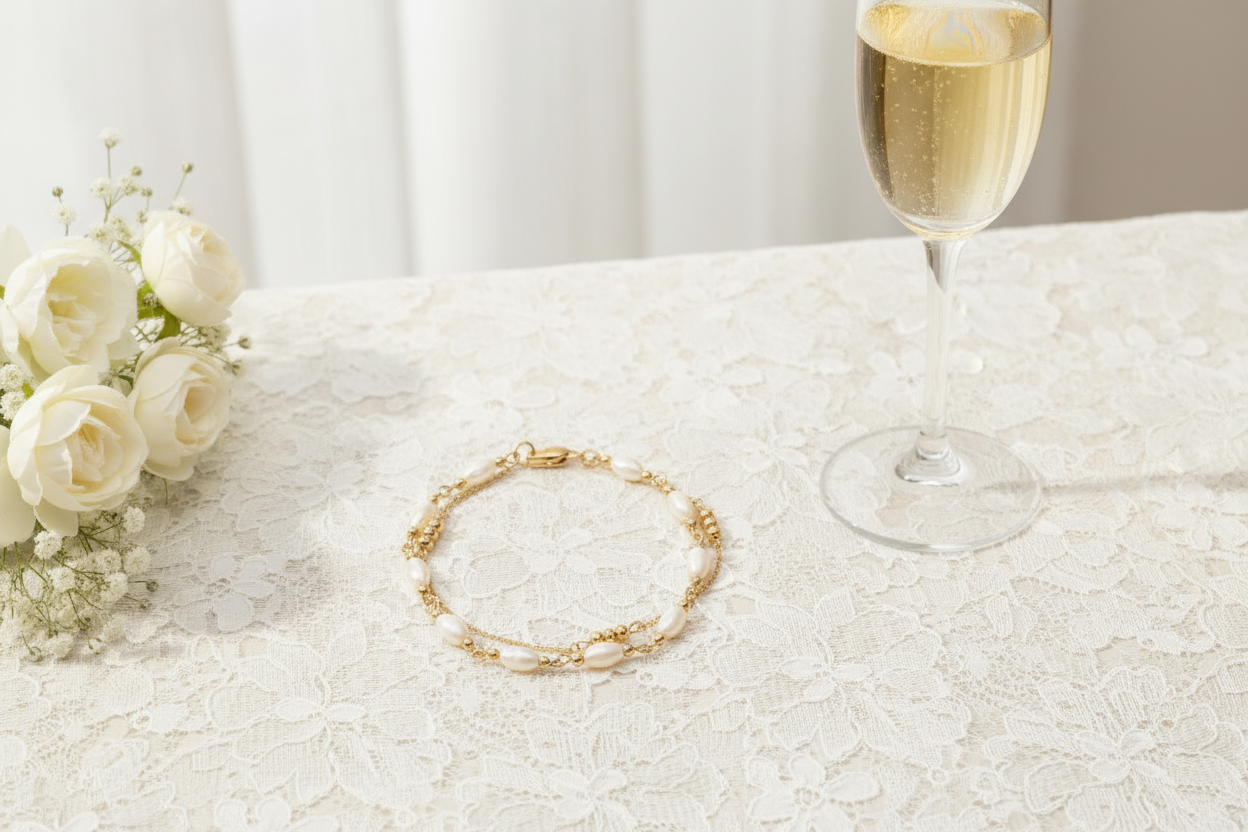 Gold Plated White Shell Double-Layer Bracelet with Lobster Clasp