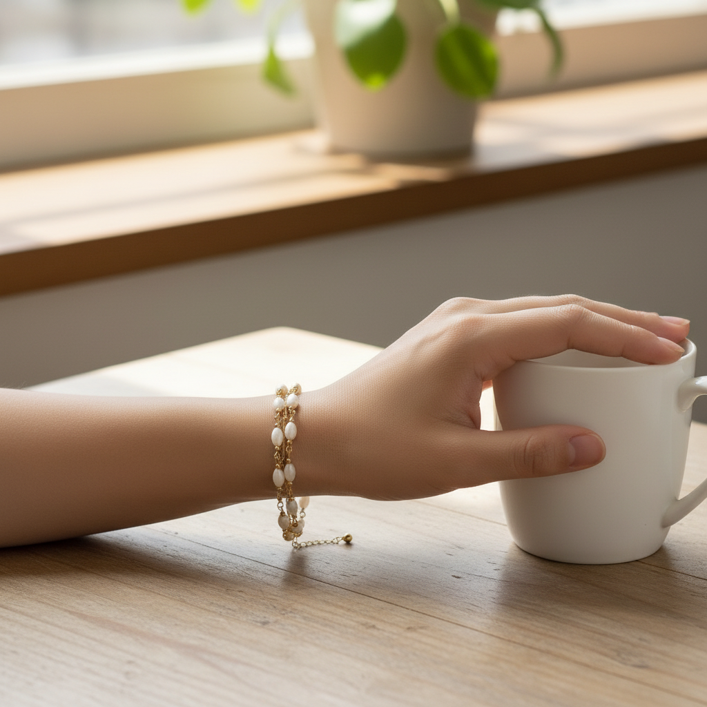 Gold Plated White Shell Double-Layer Bracelet with Lobster Clasp